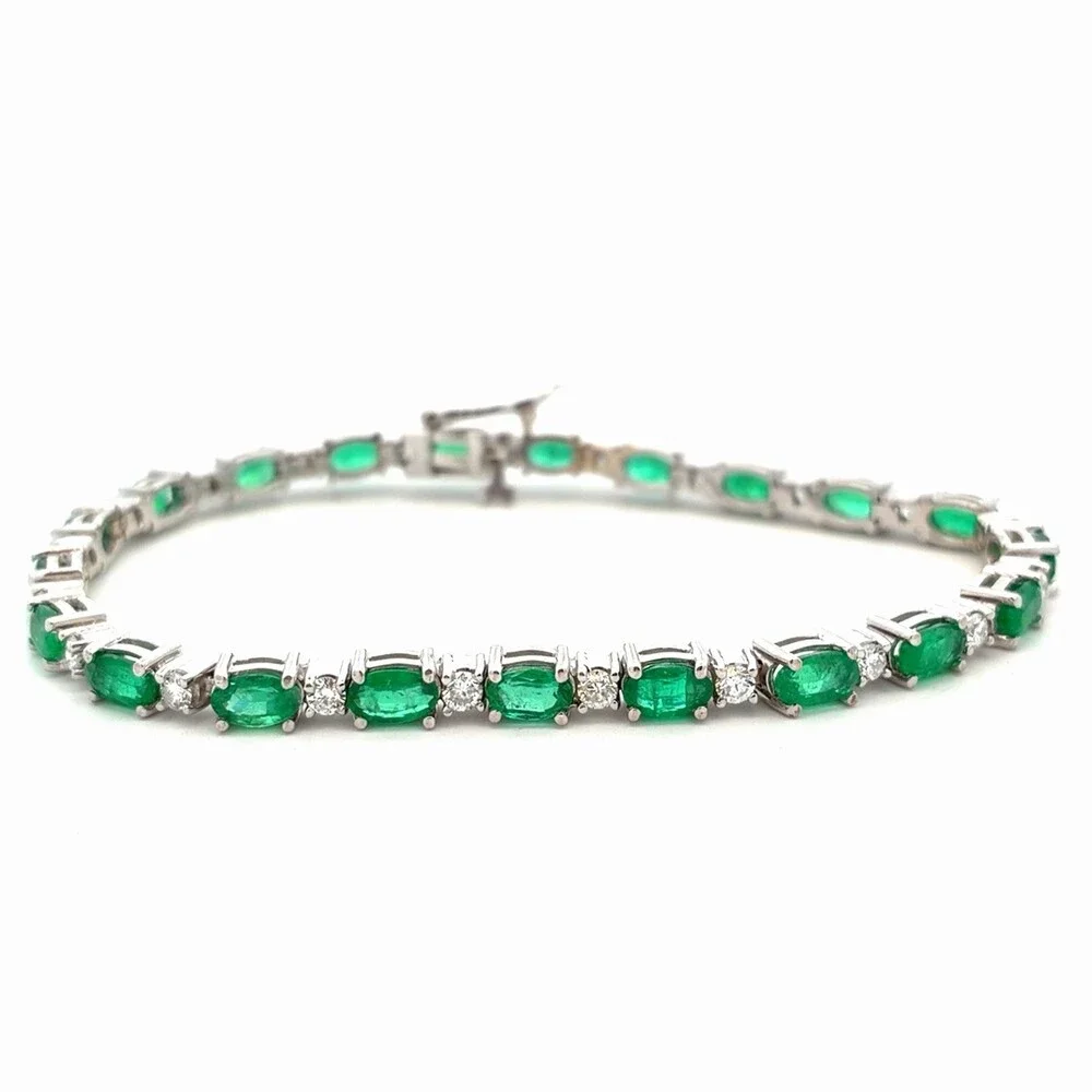 Estate 14K White Gold Oval Emerald Round Diamond Statement Tennis Bracelet